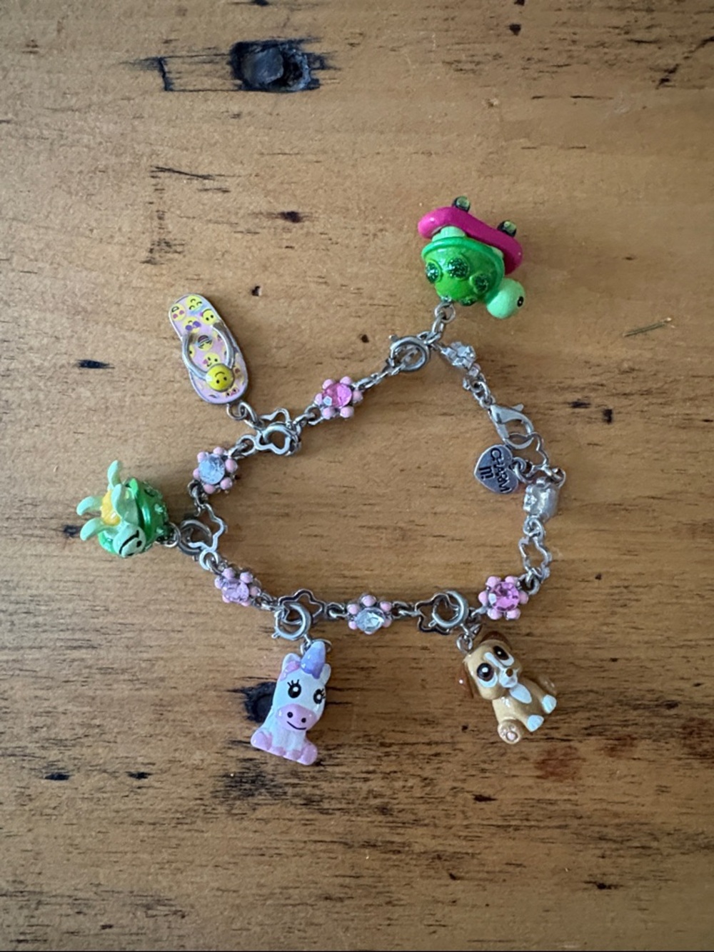 Kids Charm Bracelet with Pink Flower Links and Animal Charms